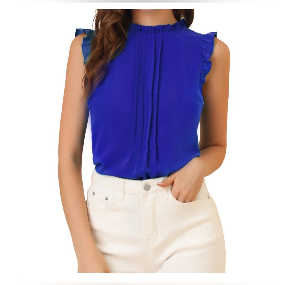 Allegra K Women's Ruffled Mandarin Collar Sleeveless Pleated Blouse